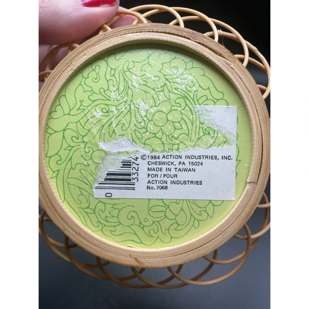 Vintage 80s Wicker Wooden Coasters With Floral And Butterfly Pattern Set Of Four